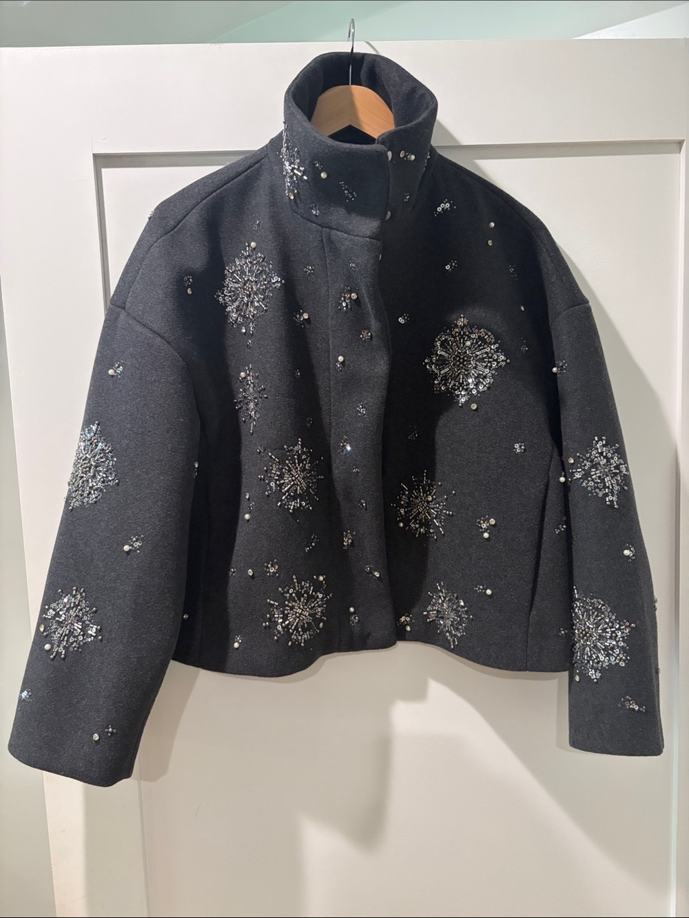 Zara Grey Beaded Funnel Neck Short Pea Coat